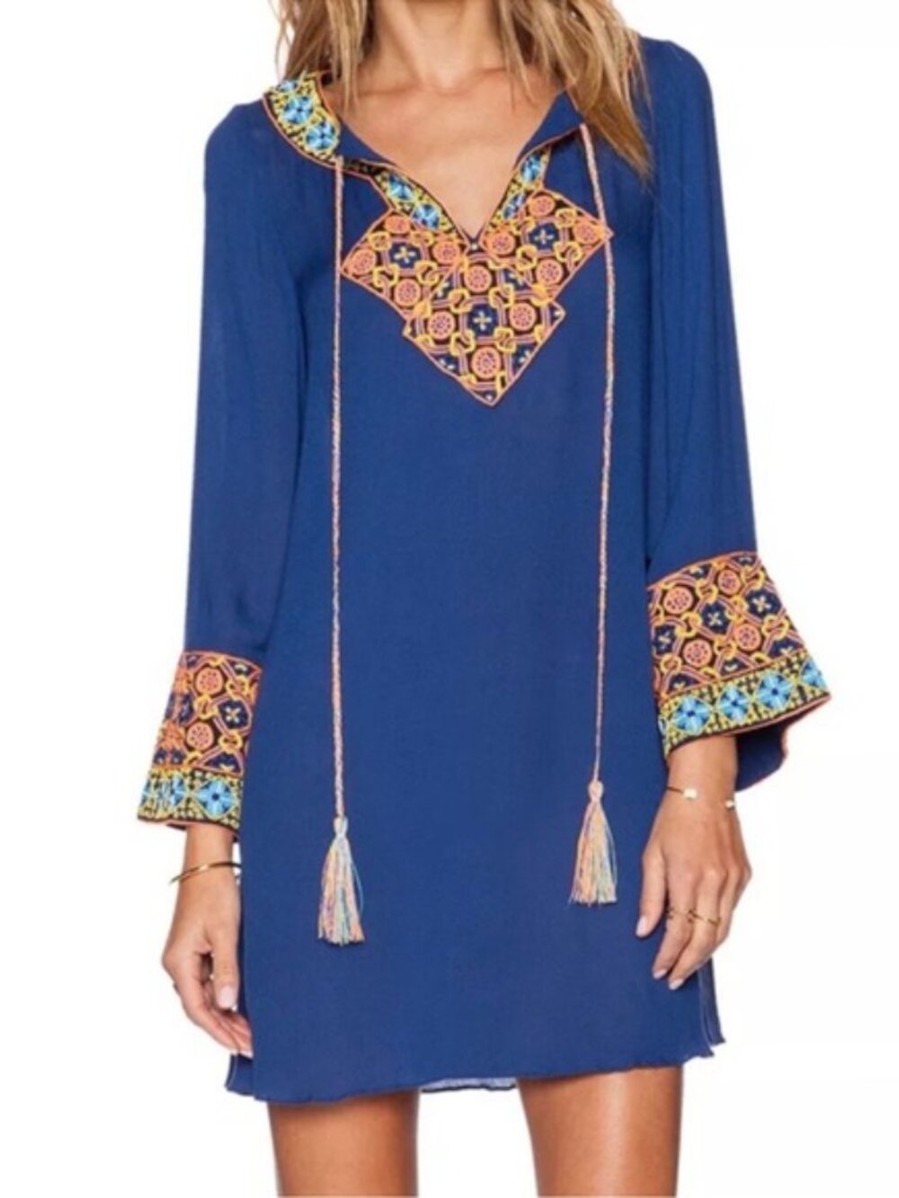 Pia Pauro Blue Embroidered Tunic Dress Boho Bell Sleeve Tassel S